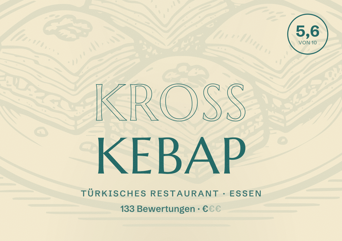Illustriertes Poster von Kross Kebap, Türkisches Restaurant in Essen: Bewertung 5,6 von 10 aus 133 Bewertungen, Preisniveau €