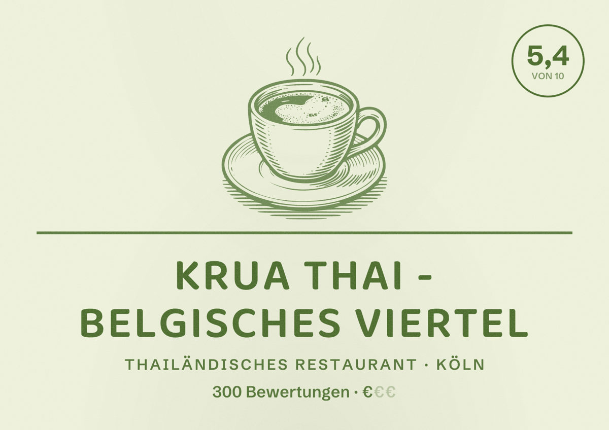 Illustriertes Poster von Krua Thai - Belgisches Viertel, Thailändisches Restaurant in Köln: Bewertung 5,4 von 10 aus 300 Bewertungen, Preisniveau €
