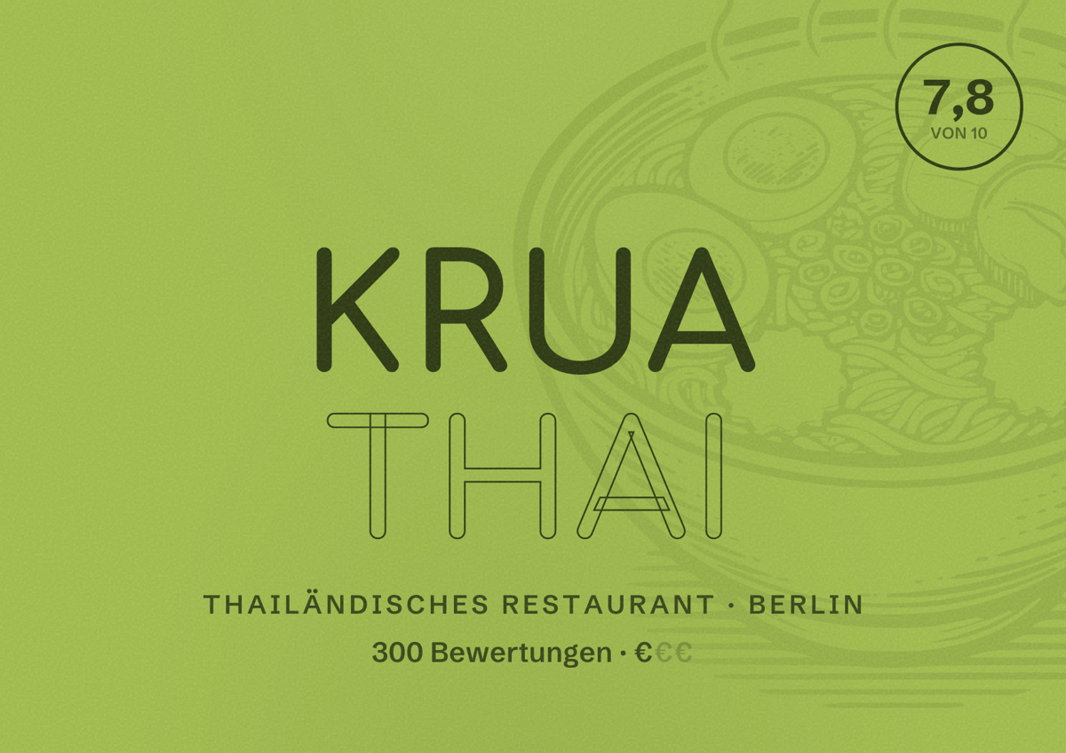 Illustriertes Poster von Krua Thai, Thailändisches Restaurant in Berlin: Bewertung 7,8 von 10 aus 300 Bewertungen, Preisniveau €