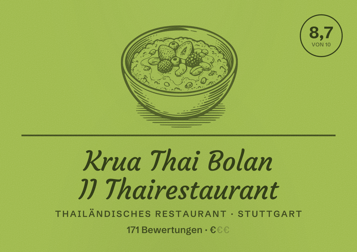 Illustriertes Poster von Krua Thai Bolan II Thairestaurant, Thailändisches Restaurant in Stuttgart: Bewertung 8,7 von 10 aus 171 Bewertungen, Preisniveau €