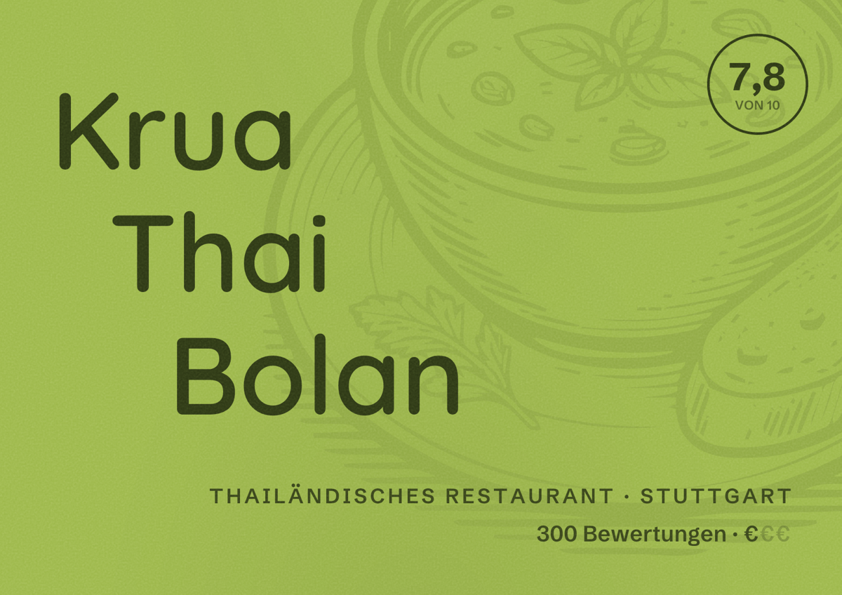 Illustriertes Poster von Krua Thai Bolan, Thailändisches Restaurant in Stuttgart: Bewertung 7,8 von 10 aus 300 Bewertungen, Preisniveau €