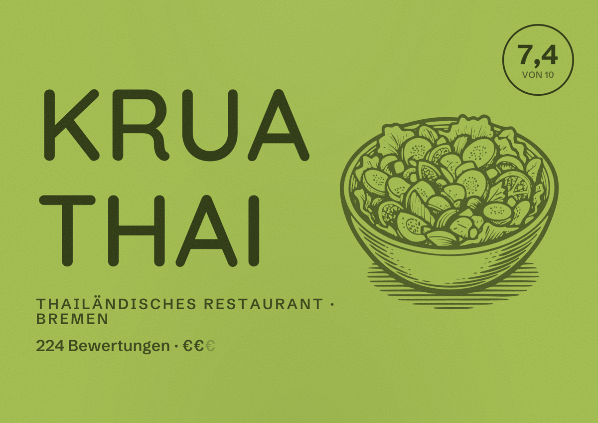 Illustriertes Poster von Krua Thai, Thailändisches Restaurant in Bremen: Bewertung 7,4 von 10 aus 224 Bewertungen, Preisniveau €€