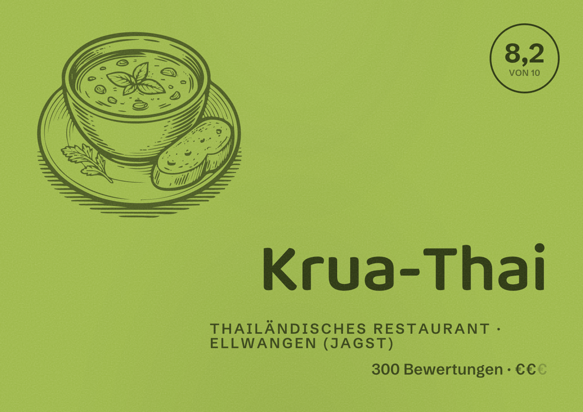 Illustriertes Poster von Krua-Thai, Thailändisches Restaurant in Ellwangen (Jagst): Bewertung 8,2 von 10 aus 300 Bewertungen, Preisniveau €€