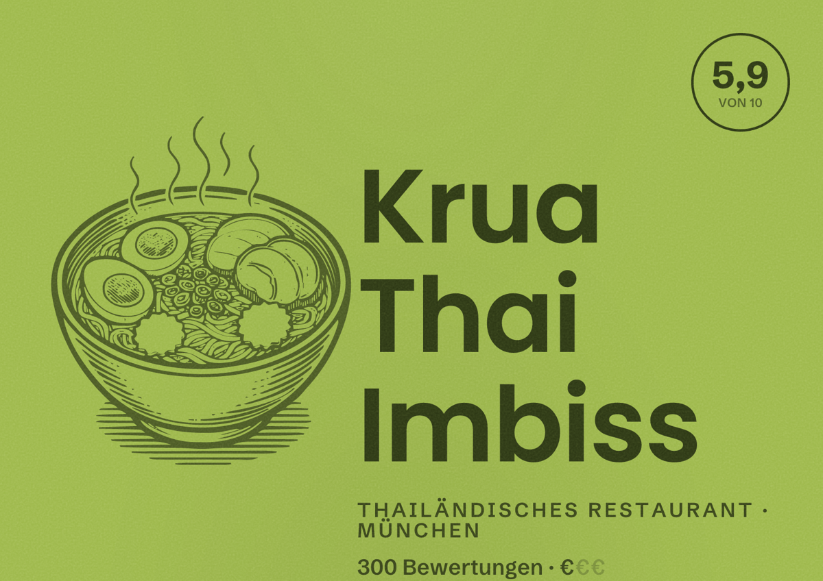Illustriertes Poster von Krua Thai Imbiss, Thailändisches Restaurant in München: Bewertung 5,9 von 10 aus 300 Bewertungen, Preisniveau €