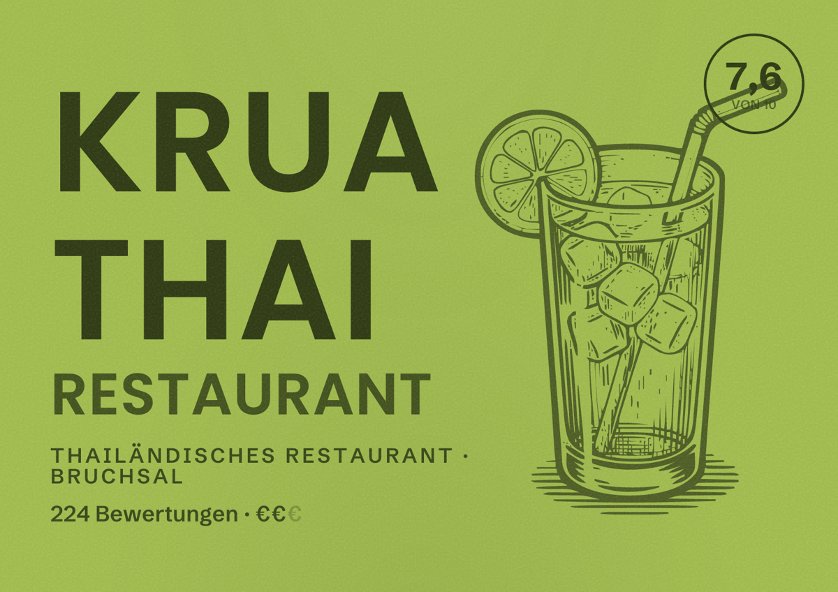 Illustriertes Poster von Krua Thai Restaurant, Thailändisches Restaurant in Bruchsal: Bewertung 7,6 von 10 aus 224 Bewertungen, Preisniveau €€