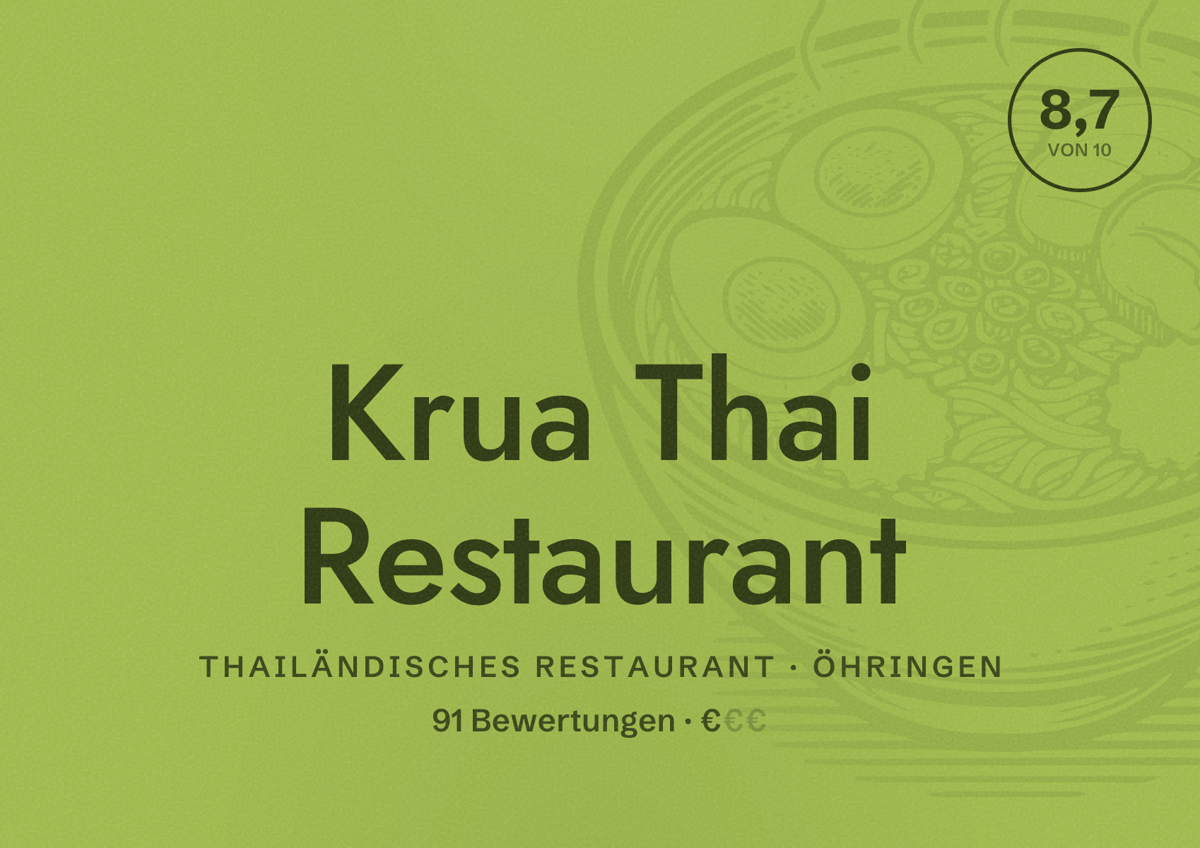 Illustriertes Poster von Krua Thai Restaurant, Thailändisches Restaurant in Öhringen: Bewertung 8,7 von 10 aus 91 Bewertungen, Preisniveau €