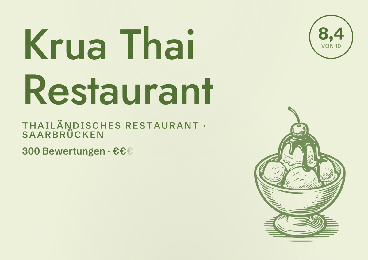 Illustriertes Poster von Krua Thai Restaurant, Thailändisches Restaurant in Saarbrücken: Bewertung 8,4 von 10 aus 300 Bewertungen, Preisniveau €€