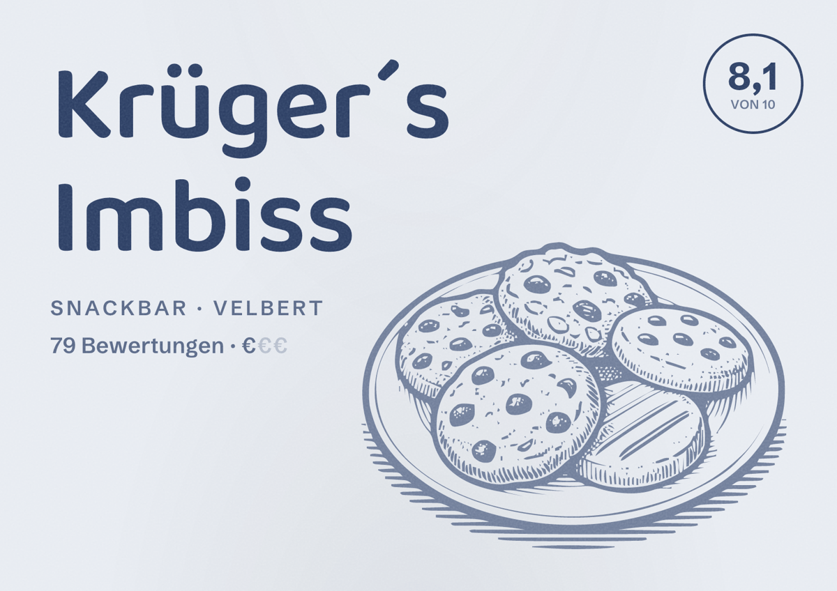 Illustriertes Poster von Krüger´s Imbiss, Snackbar in Velbert: Bewertung 8,1 von 10 aus 79 Bewertungen, Preisniveau €