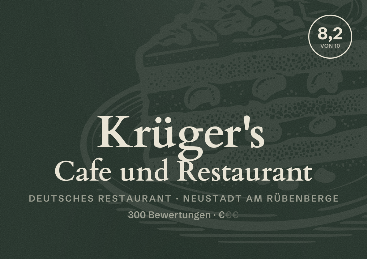 Illustriertes Poster von Krüger's Cafe und Restaurant, Deutsches Restaurant in Neustadt am Rübenberge: Bewertung 8,2 von 10 aus 300 Bewertungen, Preisniveau €