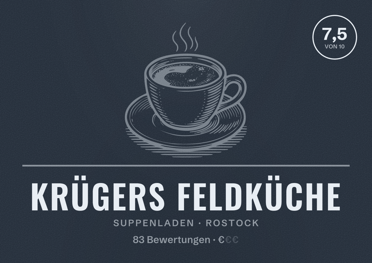 Illustriertes Poster von Krügers Feldküche, Suppenladen in Rostock: Bewertung 7,5 von 10 aus 83 Bewertungen, Preisniveau €