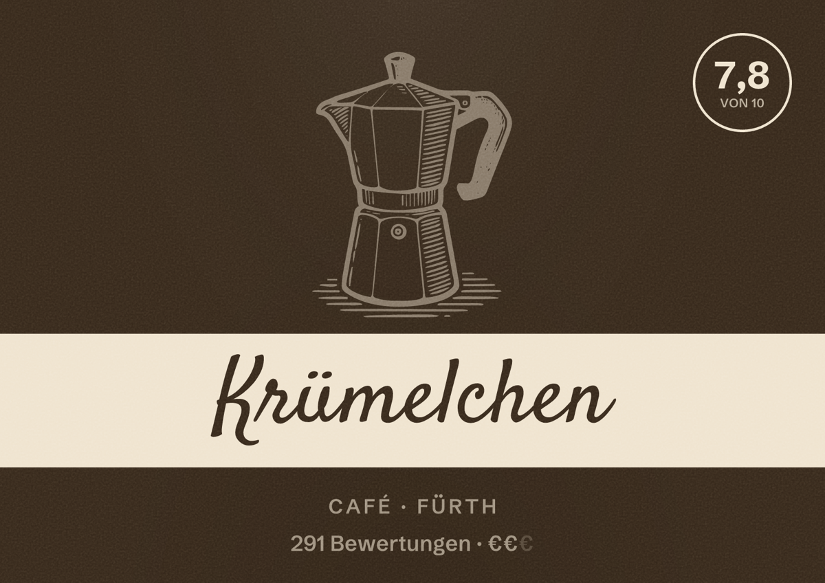 Illustriertes Poster von Krümelchen, Café in Fürth: Bewertung 7,8 von 10 aus 291 Bewertungen, Preisniveau €€