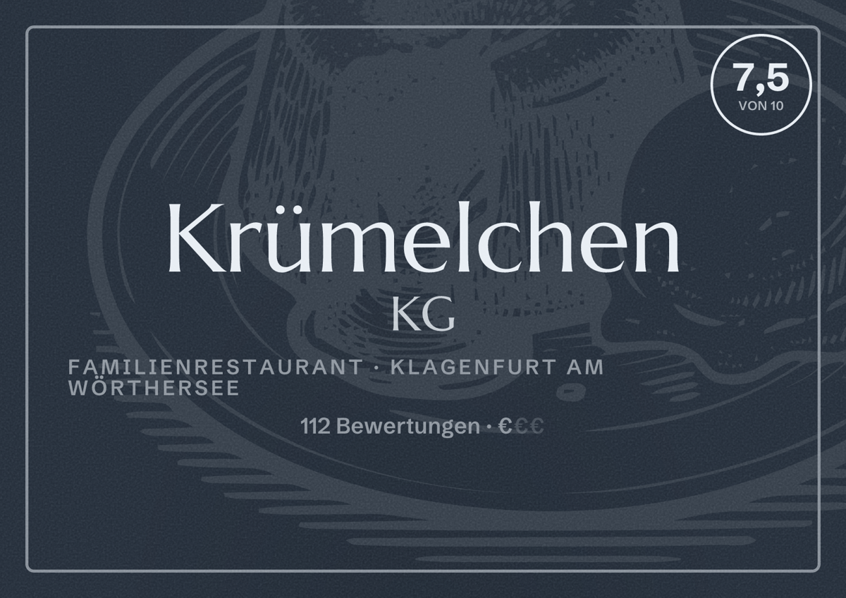 Illustriertes Poster von Krümelchen KG, Familienrestaurant in Klagenfurt am Wörthersee: Bewertung 7,5 von 10 aus 112 Bewertungen, Preisniveau €