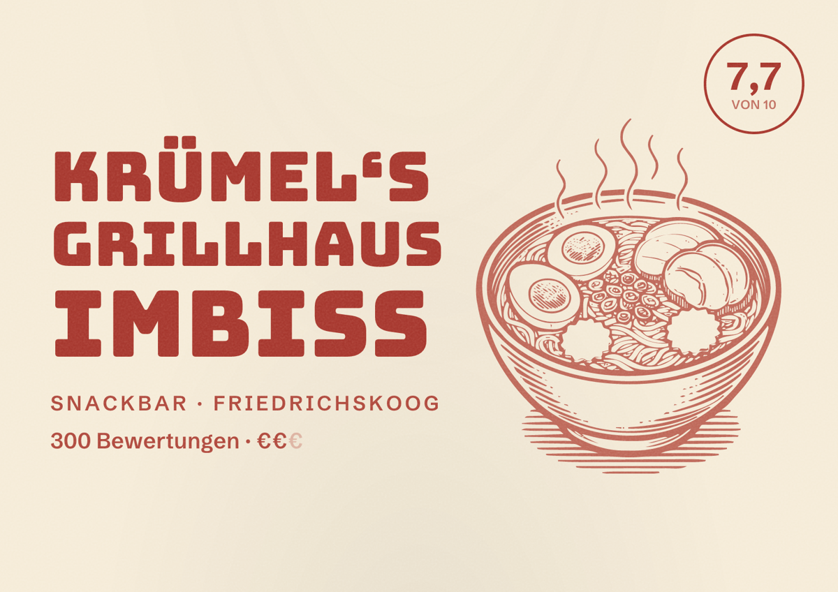 Illustriertes Poster von Krümel‘s Grillhaus Imbiss, Snackbar in Friedrichskoog: Bewertung 7,7 von 10 aus 300 Bewertungen, Preisniveau €€