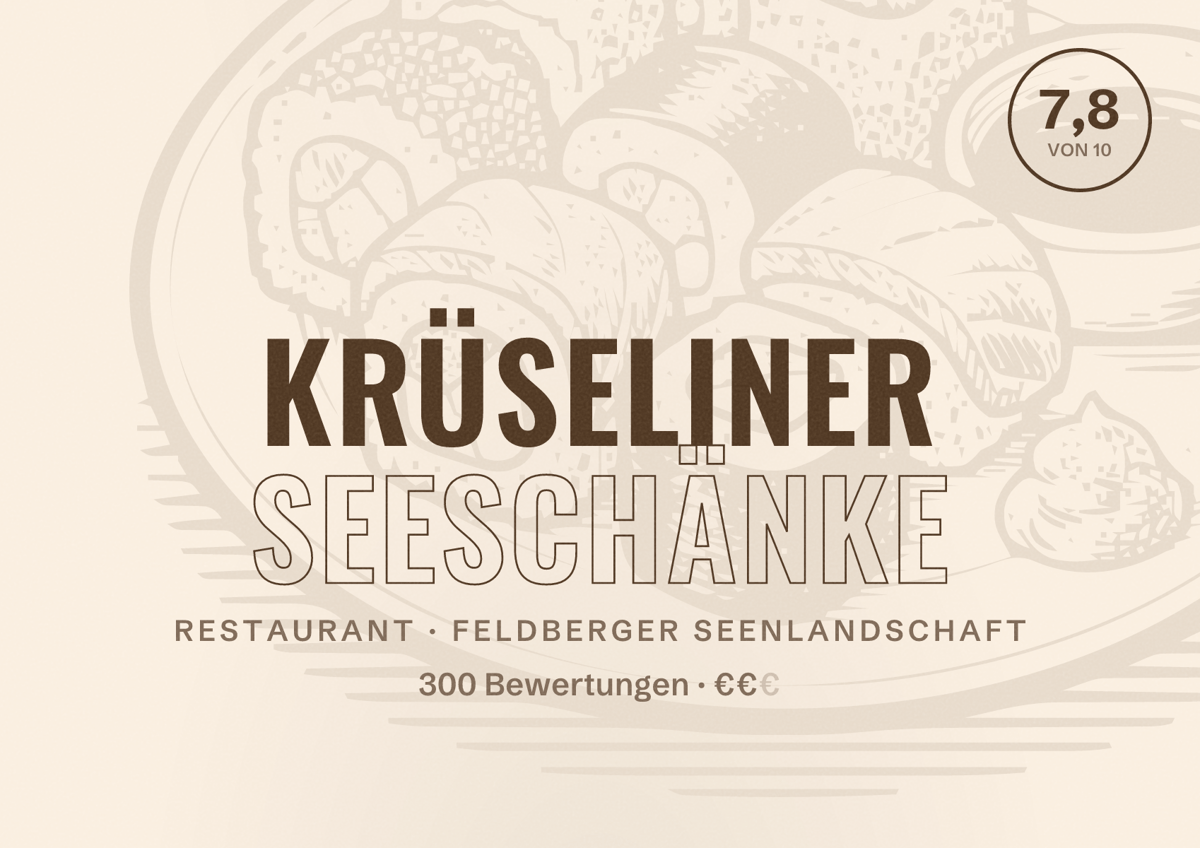 Illustriertes Poster von Krüseliner Seeschänke, Restaurant in Feldberger Seenlandschaft: Bewertung 7,8 von 10 aus 300 Bewertungen, Preisniveau €€