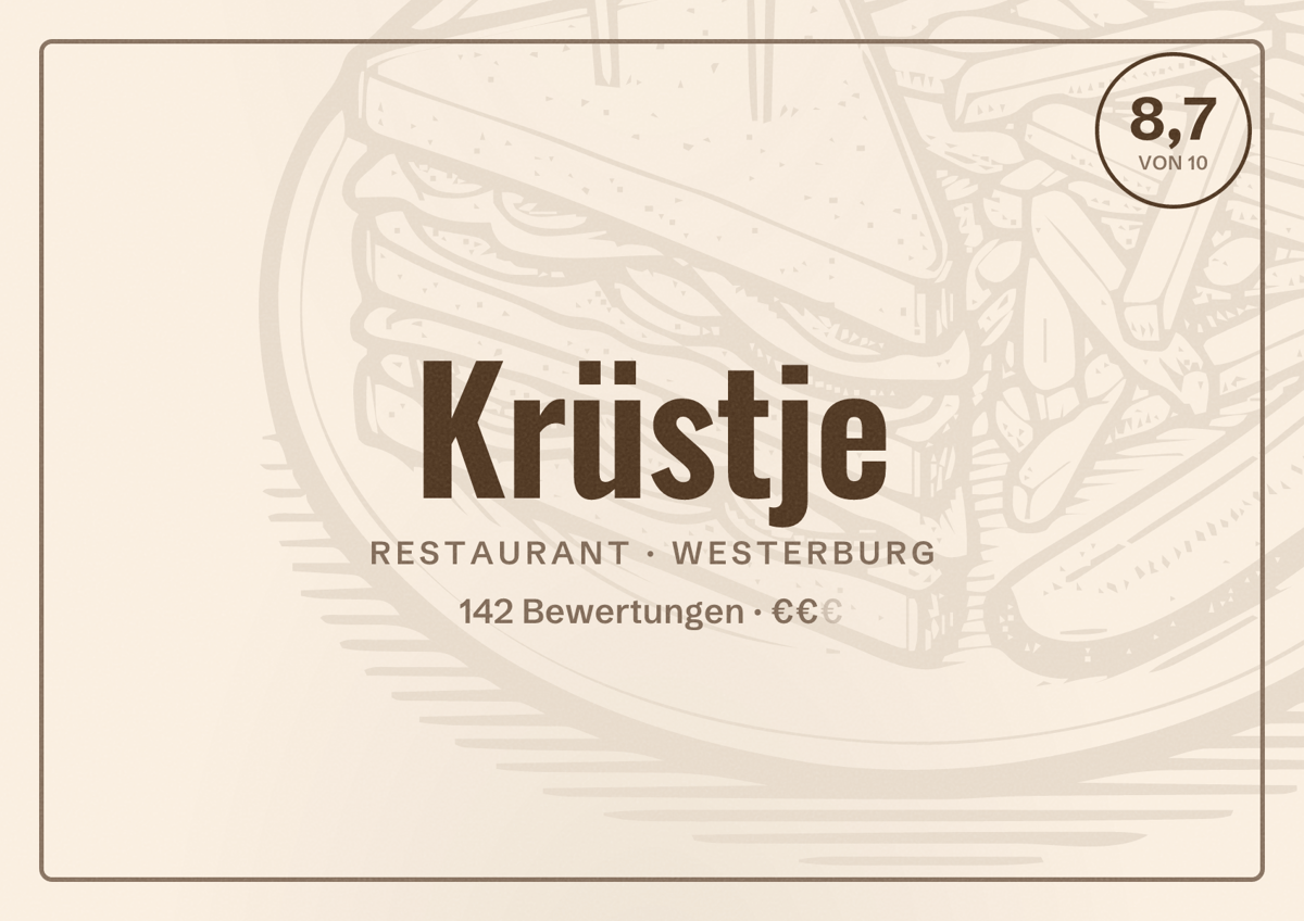 Illustriertes Poster von Krüstje, Restaurant in Westerburg: Bewertung 8,7 von 10 aus 142 Bewertungen, Preisniveau €€