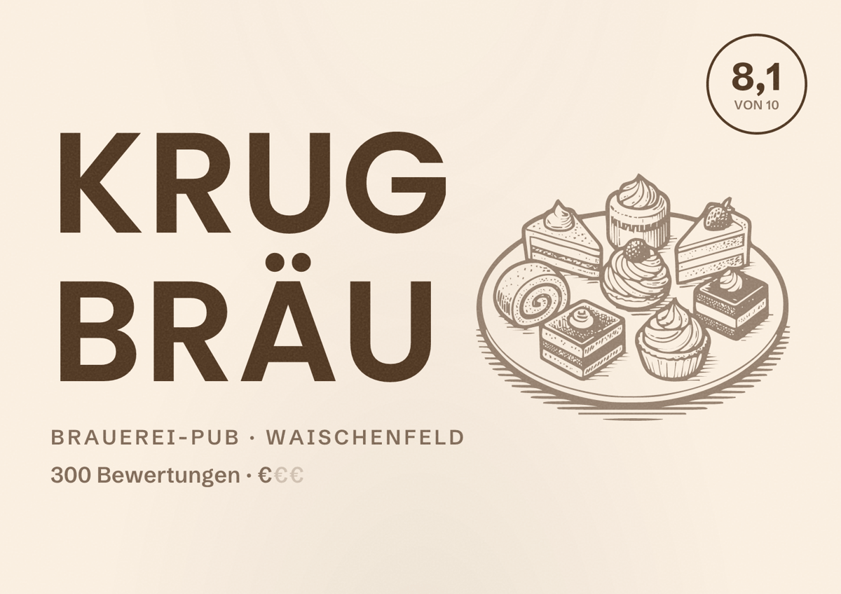 Illustriertes Poster von Krug Bräu, Brauerei-Pub in Waischenfeld: Bewertung 8,1 von 10 aus 300 Bewertungen, Preisniveau €