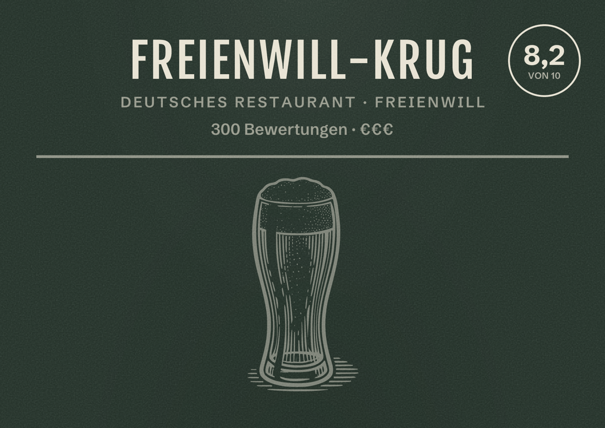 Illustriertes Poster von Freienwill-Krug, Deutsches Restaurant in Freienwill: Bewertung 8,2 von 10 aus 300 Bewertungen, Preisniveau €€€