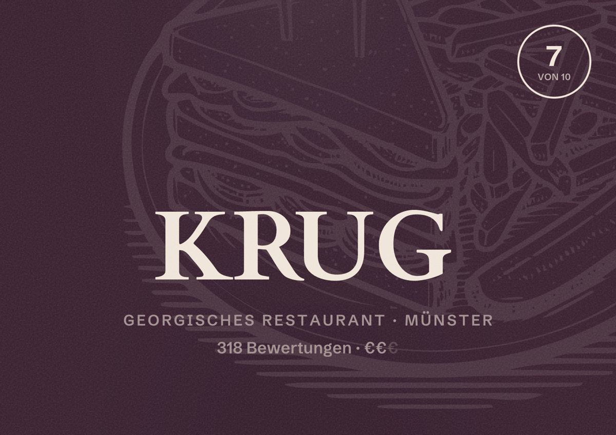 Illustriertes Poster von KRUG, Georgisches Restaurant in Münster: Bewertung 7 von 10 aus 318 Bewertungen, Preisniveau €€