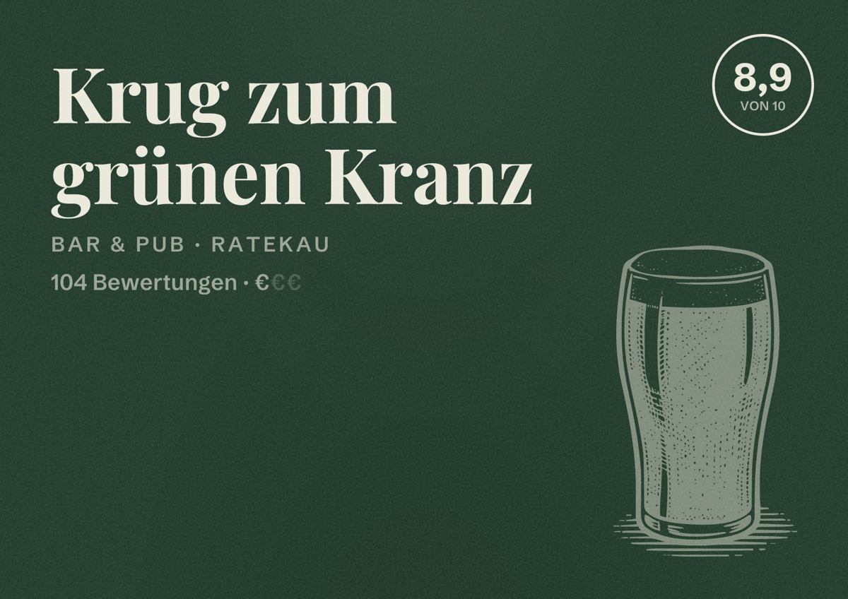 Illustriertes Poster von Krug zum grünen Kranz, Bar & Pub in Ratekau: Bewertung 8,9 von 10 aus 104 Bewertungen, Preisniveau €