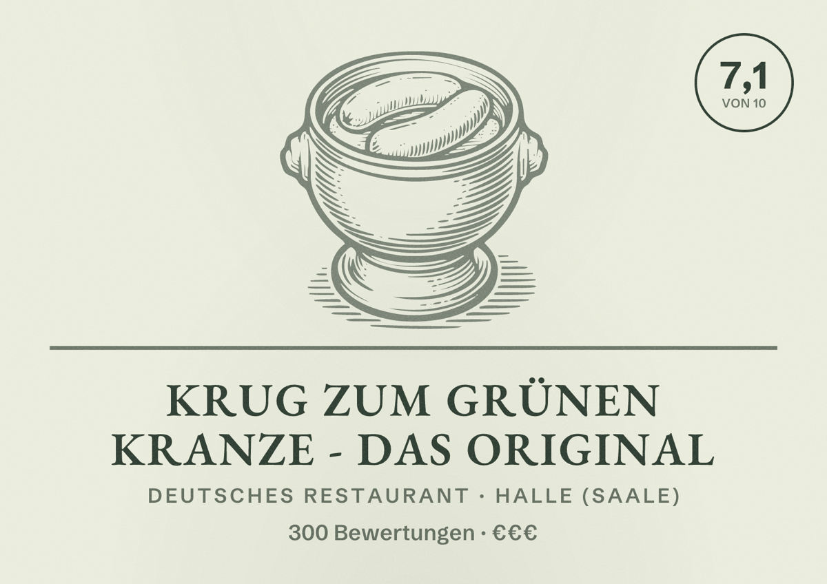 Illustriertes Poster von Krug Zum Grünen Kranze - Das Original, Deutsches Restaurant in Halle (Saale): Bewertung 7,1 von 10 aus 300 Bewertungen, Preisniveau €€€