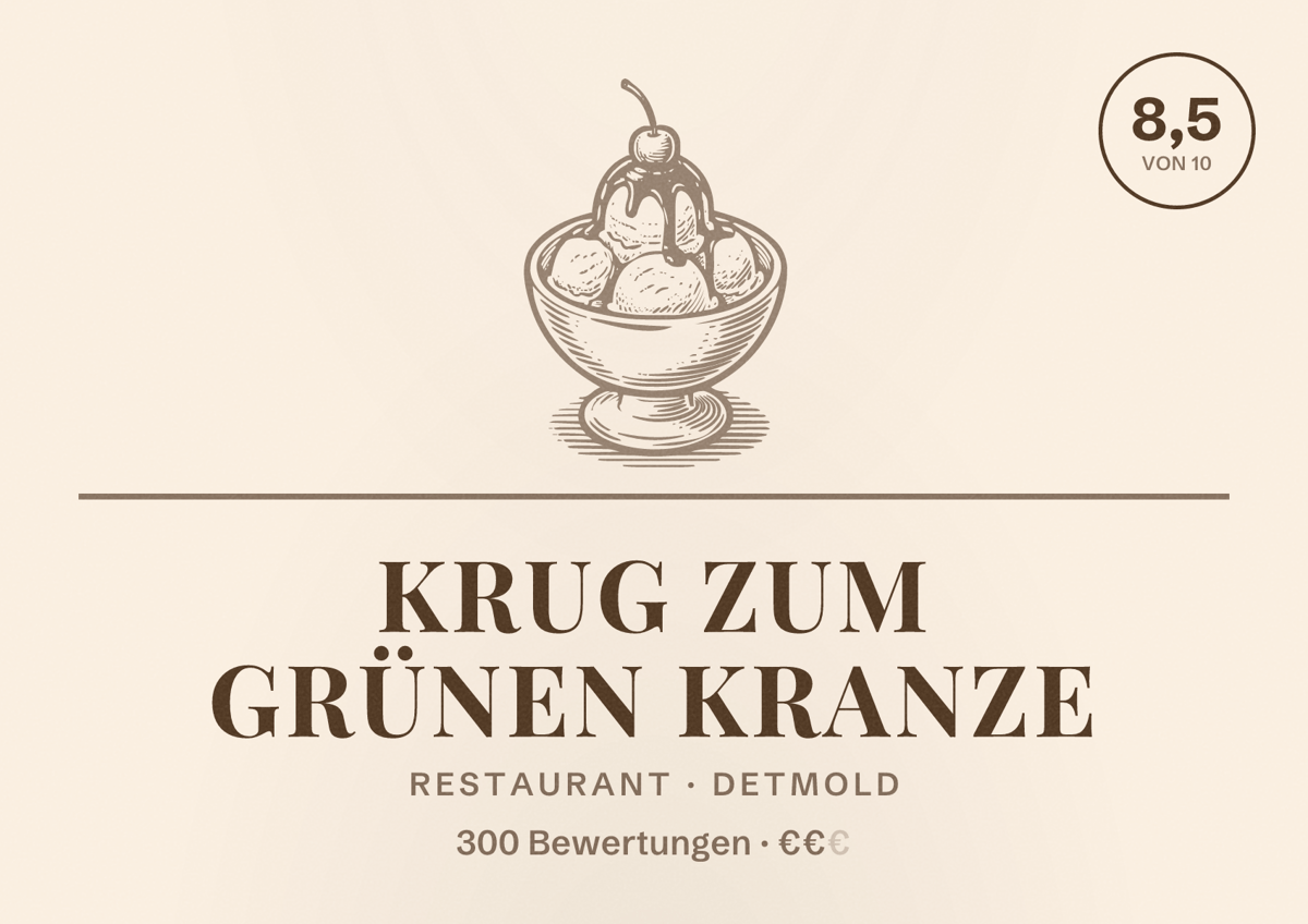 Illustriertes Poster von Krug zum grünen Kranze, Restaurant in Detmold: Bewertung 8,5 von 10 aus 300 Bewertungen, Preisniveau €€