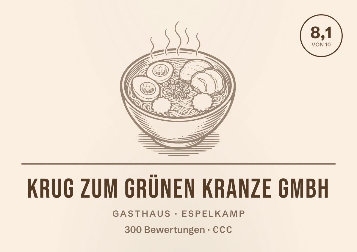 Illustriertes Poster von Krug Zum Grünen Kranze GmbH, Gasthaus in Espelkamp: Bewertung 8,1 von 10 aus 300 Bewertungen, Preisniveau €€€