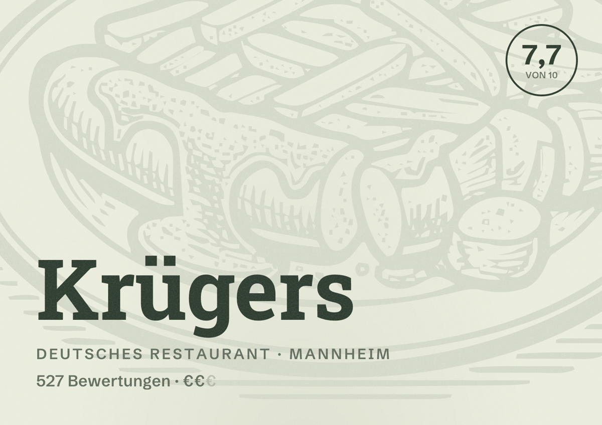 Illustriertes Poster von Krügers, Deutsches Restaurant in Mannheim: Bewertung 7,7 von 10 aus 527 Bewertungen, Preisniveau €€