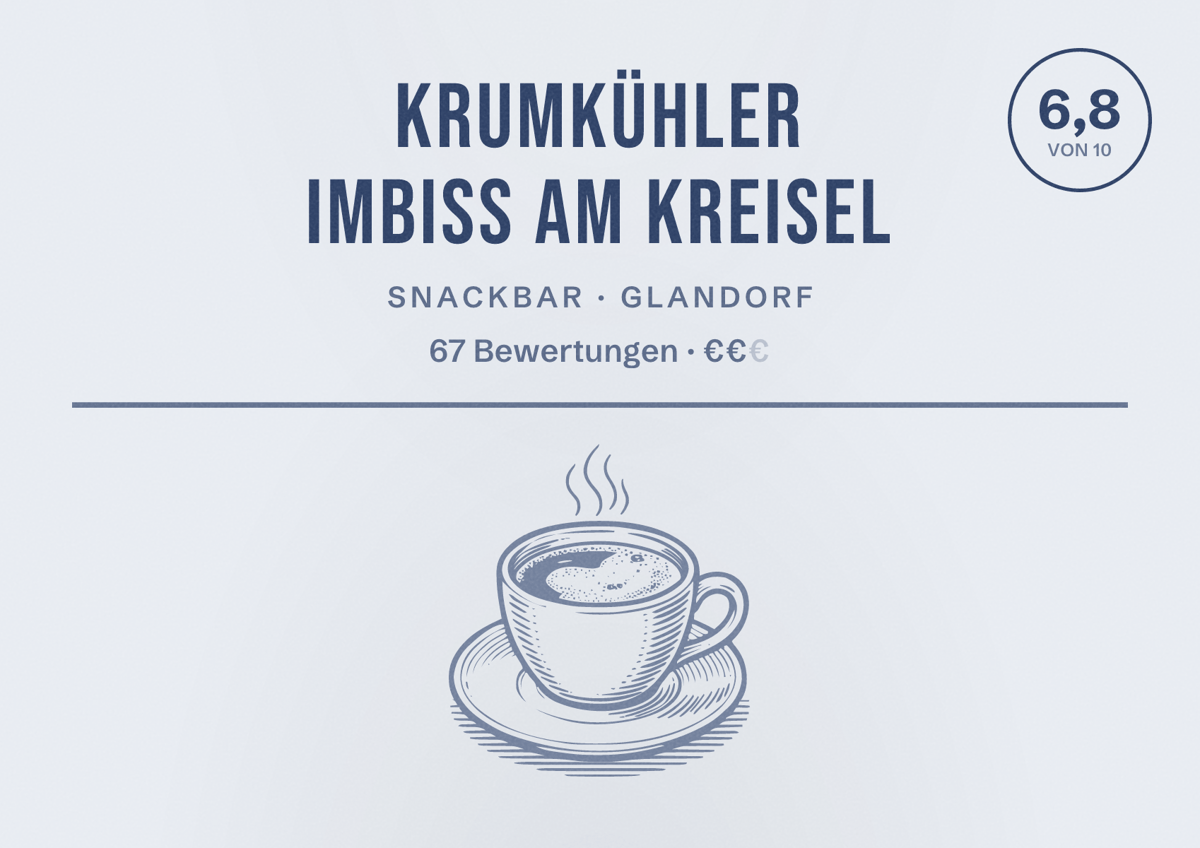 Illustriertes Poster von Krumkühler Imbiss am Kreisel, Snackbar in Glandorf: Bewertung 6,8 von 10 aus 67 Bewertungen, Preisniveau €€
