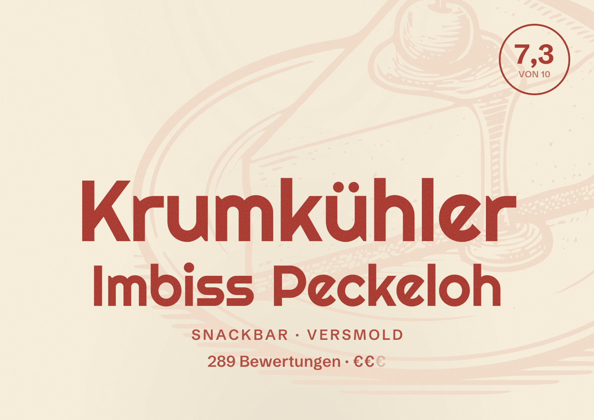 Illustriertes Poster von Krumkühler Imbiss Peckeloh, Snackbar in Versmold: Bewertung 7,3 von 10 aus 289 Bewertungen, Preisniveau €€