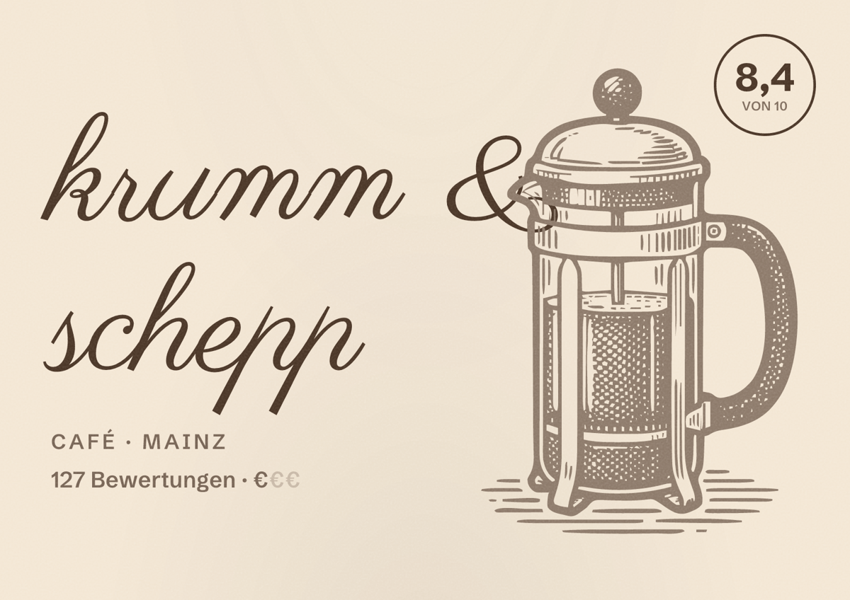 Illustriertes Poster von krumm & schepp, Café in Mainz: Bewertung 8,4 von 10 aus 127 Bewertungen, Preisniveau €