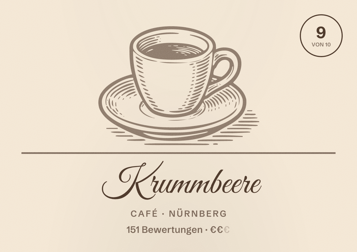 Illustriertes Poster von Krummbeere, Café in Nürnberg: Bewertung 9 von 10 aus 151 Bewertungen, Preisniveau €€
