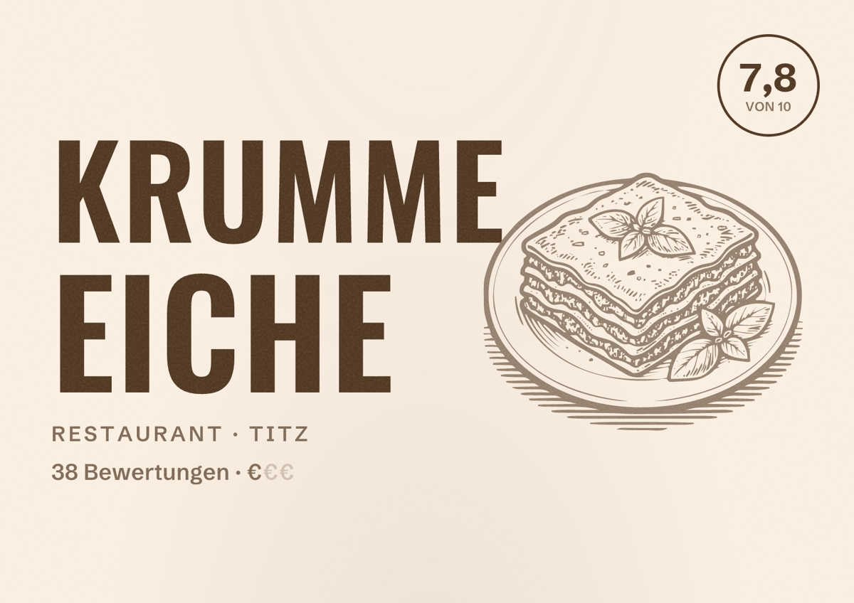 Illustriertes Poster von Krumme Eiche, Restaurant in Titz: Bewertung 7,8 von 10 aus 38 Bewertungen, Preisniveau €