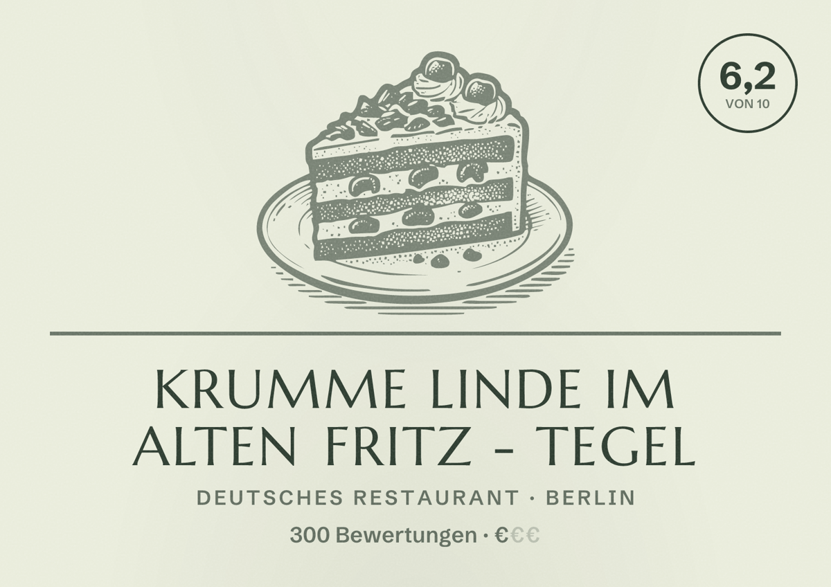 Illustriertes Poster von Krumme Linde im Alten Fritz - Tegel, Deutsches Restaurant in Berlin: Bewertung 6,2 von 10 aus 300 Bewertungen, Preisniveau €