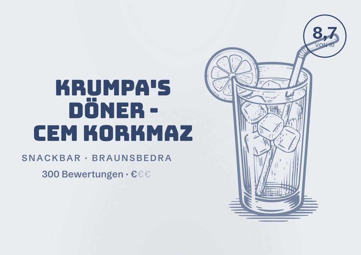 Illustriertes Poster von Krumpa's Döner - Cem Korkmaz, Snackbar in Braunsbedra: Bewertung 8,7 von 10 aus 300 Bewertungen, Preisniveau €
