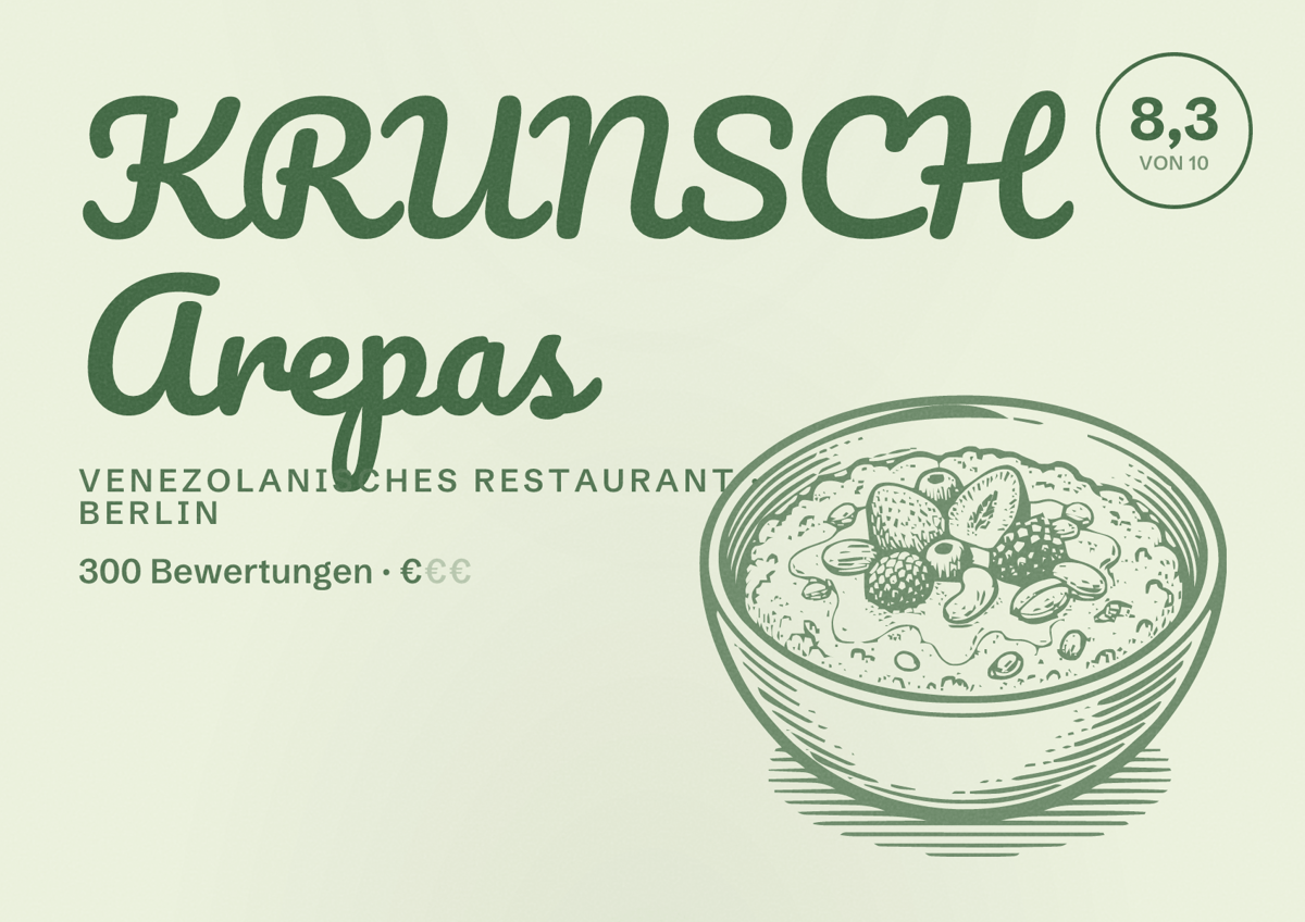 Illustriertes Poster von KRUNSCH Arepas, Venezolanisches Restaurant in Berlin: Bewertung 8,3 von 10 aus 300 Bewertungen, Preisniveau €