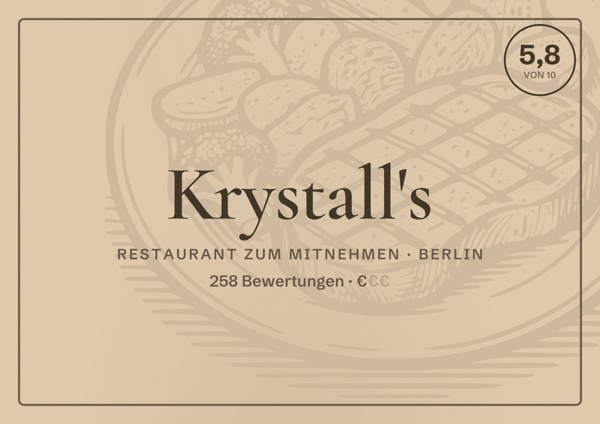 Illustriertes Poster von Krystall's, Restaurant zum Mitnehmen in Berlin: Bewertung 5,8 von 10 aus 258 Bewertungen, Preisniveau €