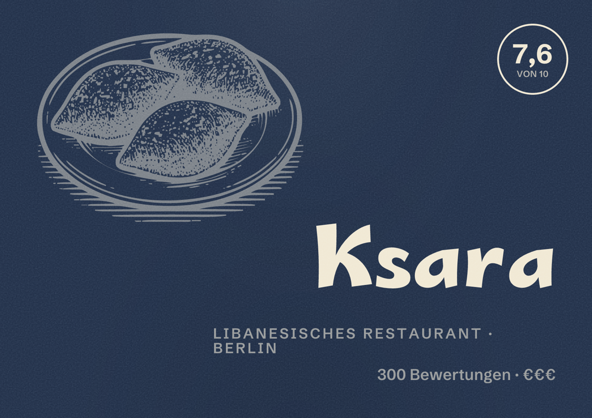 Illustriertes Poster von Ksara, Libanesisches Restaurant in Berlin: Bewertung 7,6 von 10 aus 300 Bewertungen, Preisniveau €€€