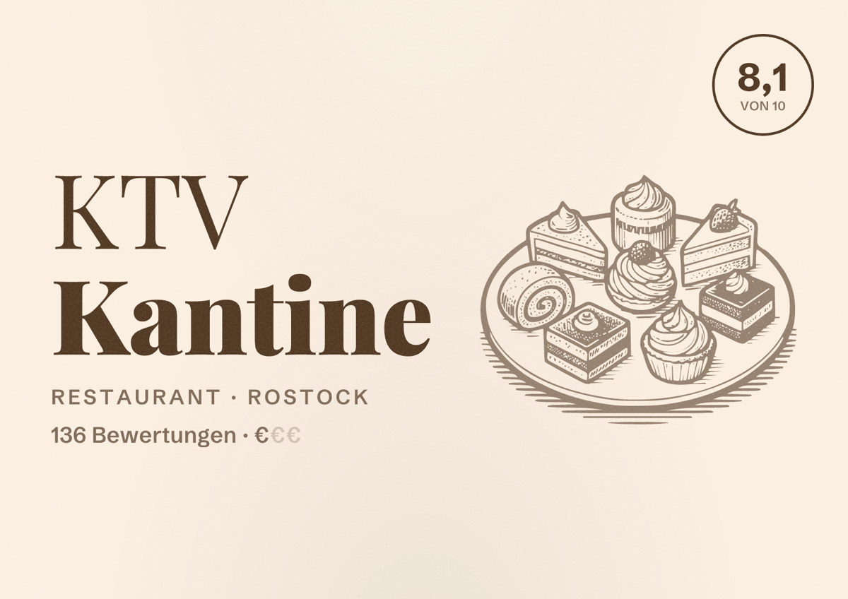 Illustriertes Poster von KTV Kantine, Restaurant in Rostock: Bewertung 8,1 von 10 aus 136 Bewertungen, Preisniveau €