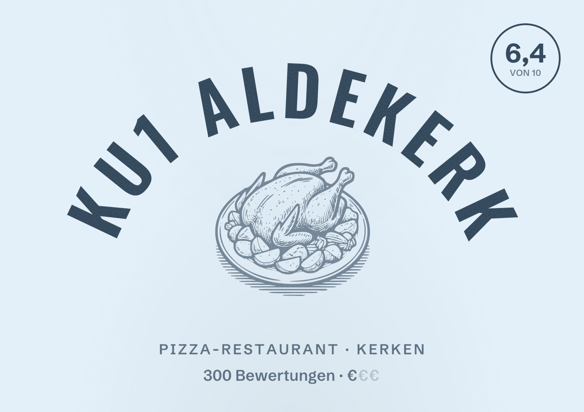 Illustriertes Poster von Ku1 Aldekerk, Pizza-Restaurant in Kerken: Bewertung 6,4 von 10 aus 300 Bewertungen, Preisniveau €