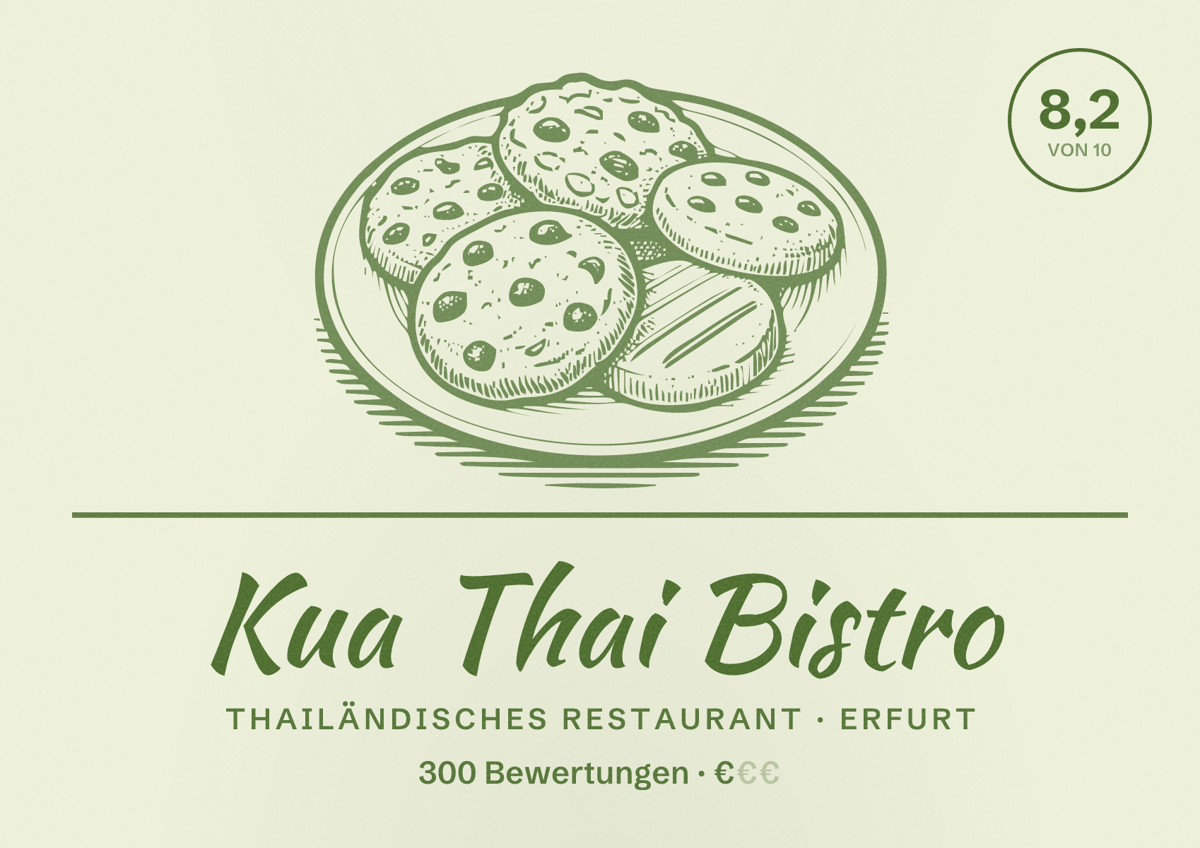 Illustriertes Poster von Kua Thai Bistro, Thailändisches Restaurant in Erfurt: Bewertung 8,2 von 10 aus 300 Bewertungen, Preisniveau €