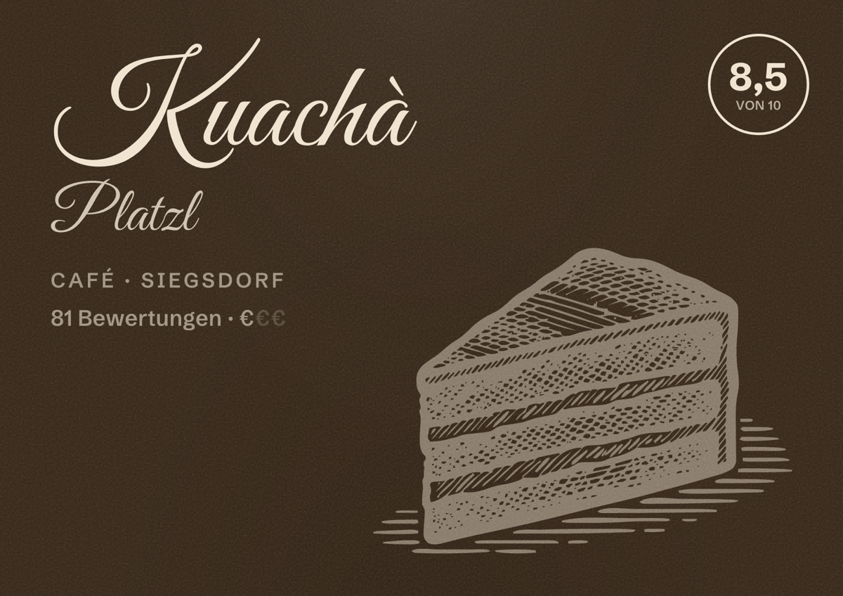 Illustriertes Poster von Kuachà Platzl, Café in Siegsdorf: Bewertung 8,5 von 10 aus 81 Bewertungen, Preisniveau €