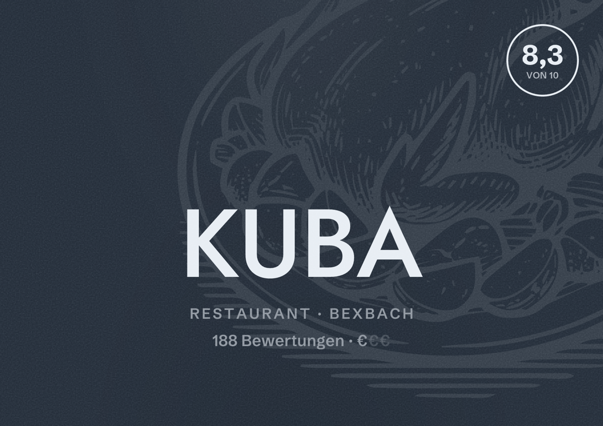 Illustriertes Poster von KUBA, Restaurant in Bexbach: Bewertung 8,3 von 10 aus 188 Bewertungen, Preisniveau €