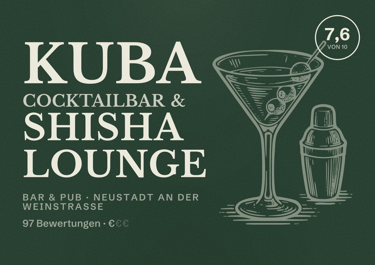 Illustriertes Poster von Kuba Cocktailbar & Shisha Lounge, Bar & Pub in Neustadt an der Weinstraße: Bewertung 7,6 von 10 aus 97 Bewertungen, Preisniveau €