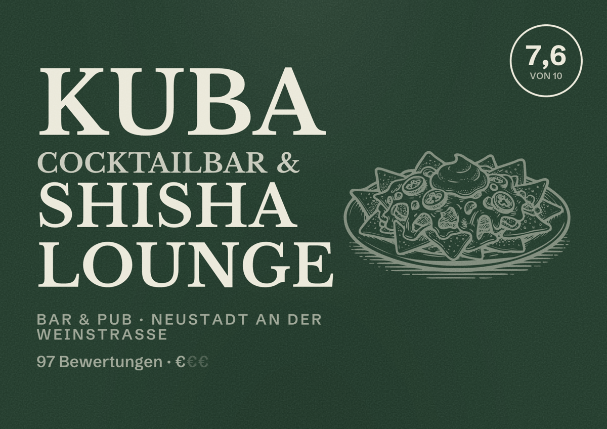 Illustriertes Poster von Kuba Cocktailbar & Shisha Lounge, Bar & Pub in Neustadt an der Weinstraße: Bewertung 7,6 von 10 aus 97 Bewertungen, Preisniveau €