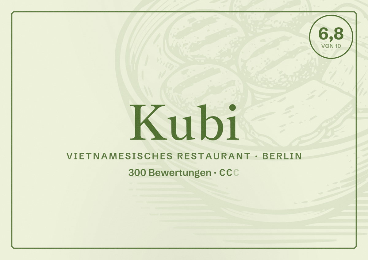 Illustriertes Poster von Kubi, Vietnamesisches Restaurant in Berlin: Bewertung 6,8 von 10 aus 300 Bewertungen, Preisniveau €€