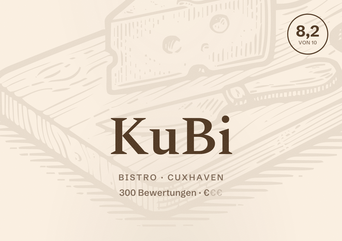 Illustriertes Poster von KuBi, Bistro in Cuxhaven: Bewertung 8,2 von 10 aus 300 Bewertungen, Preisniveau €