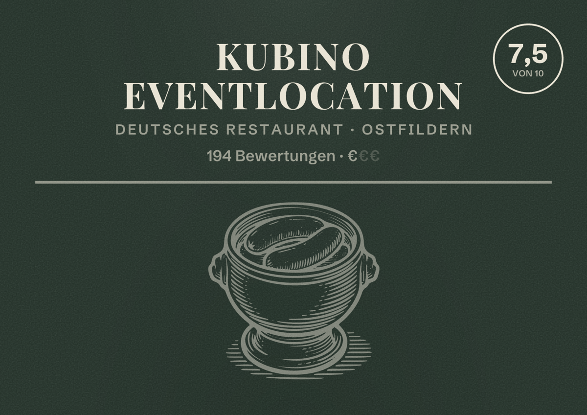 Illustriertes Poster von KUBINO Eventlocation, Deutsches Restaurant in Ostfildern: Bewertung 7,5 von 10 aus 194 Bewertungen, Preisniveau €