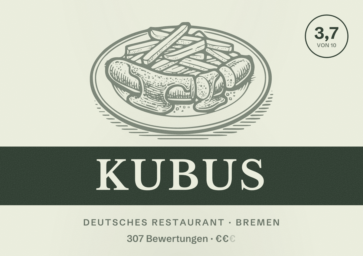 Illustriertes Poster von Kubus, Deutsches Restaurant in Bremen: Bewertung 3,7 von 10 aus 307 Bewertungen, Preisniveau €€
