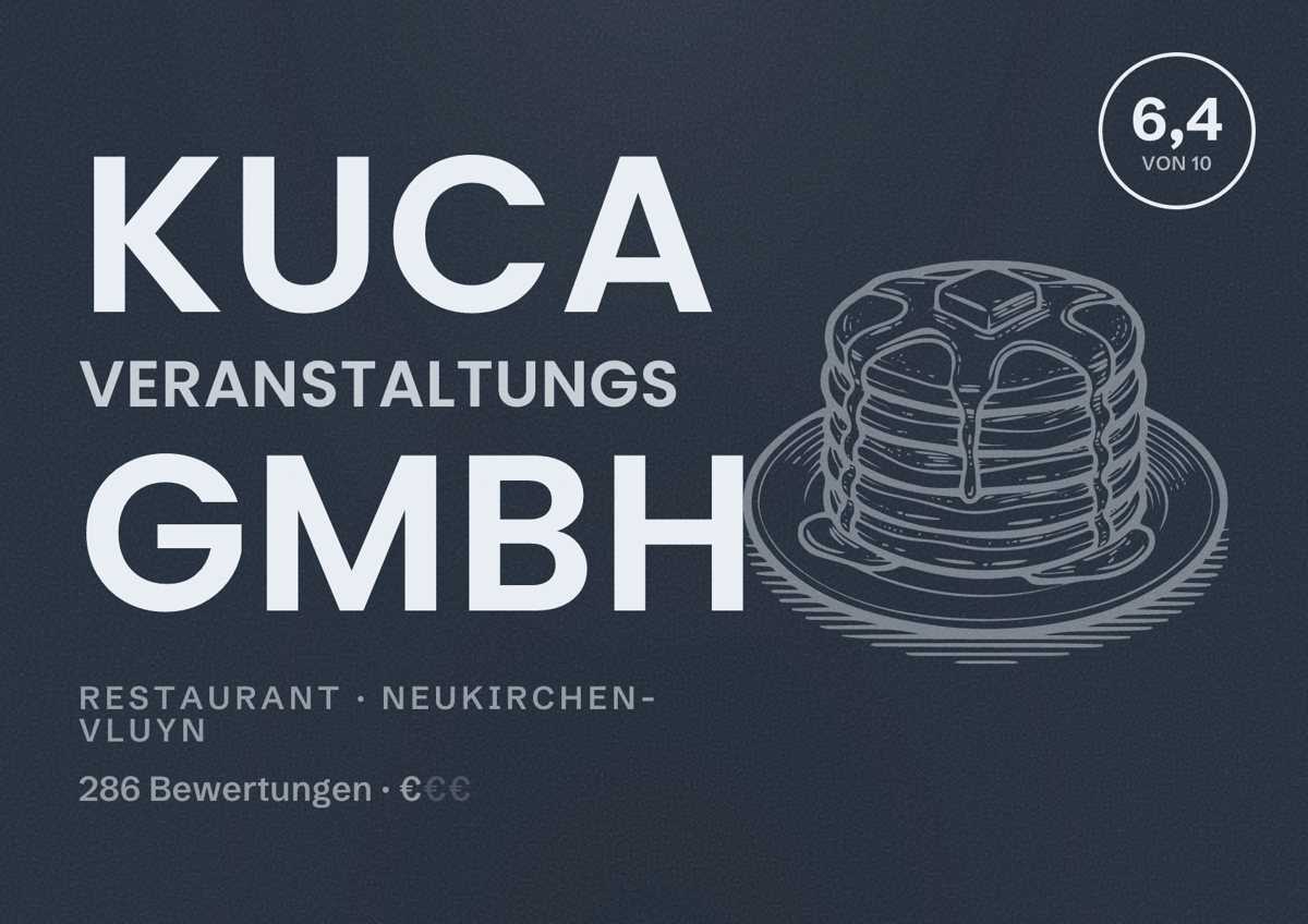 Illustriertes Poster von KuCa Veranstaltungs GmbH, Restaurant in Neukirchen-Vluyn: Bewertung 6,4 von 10 aus 286 Bewertungen, Preisniveau €