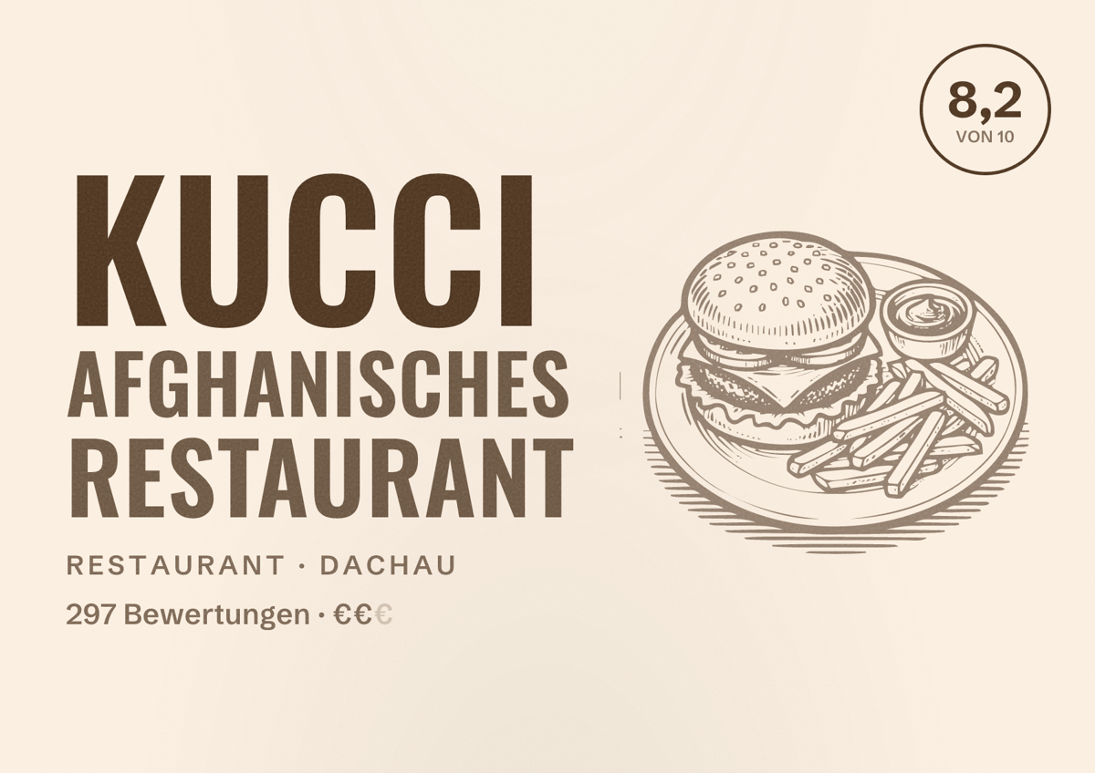 Illustriertes Poster von Kucci Afghanisches Restaurant, Restaurant in Dachau: Bewertung 8,2 von 10 aus 297 Bewertungen, Preisniveau €€